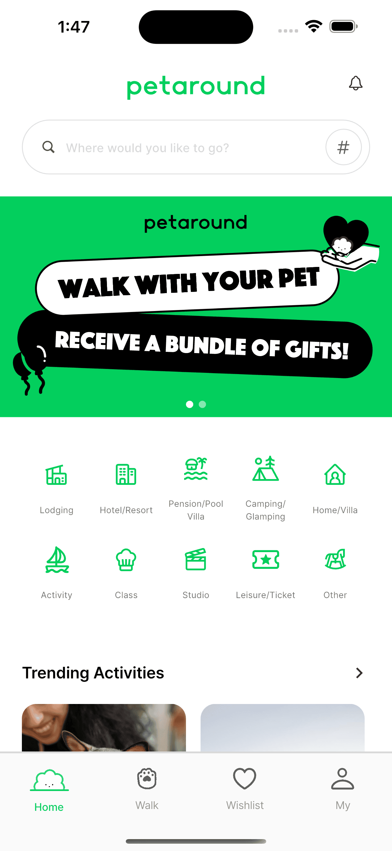 petaround home screen with pet-friendly place categories