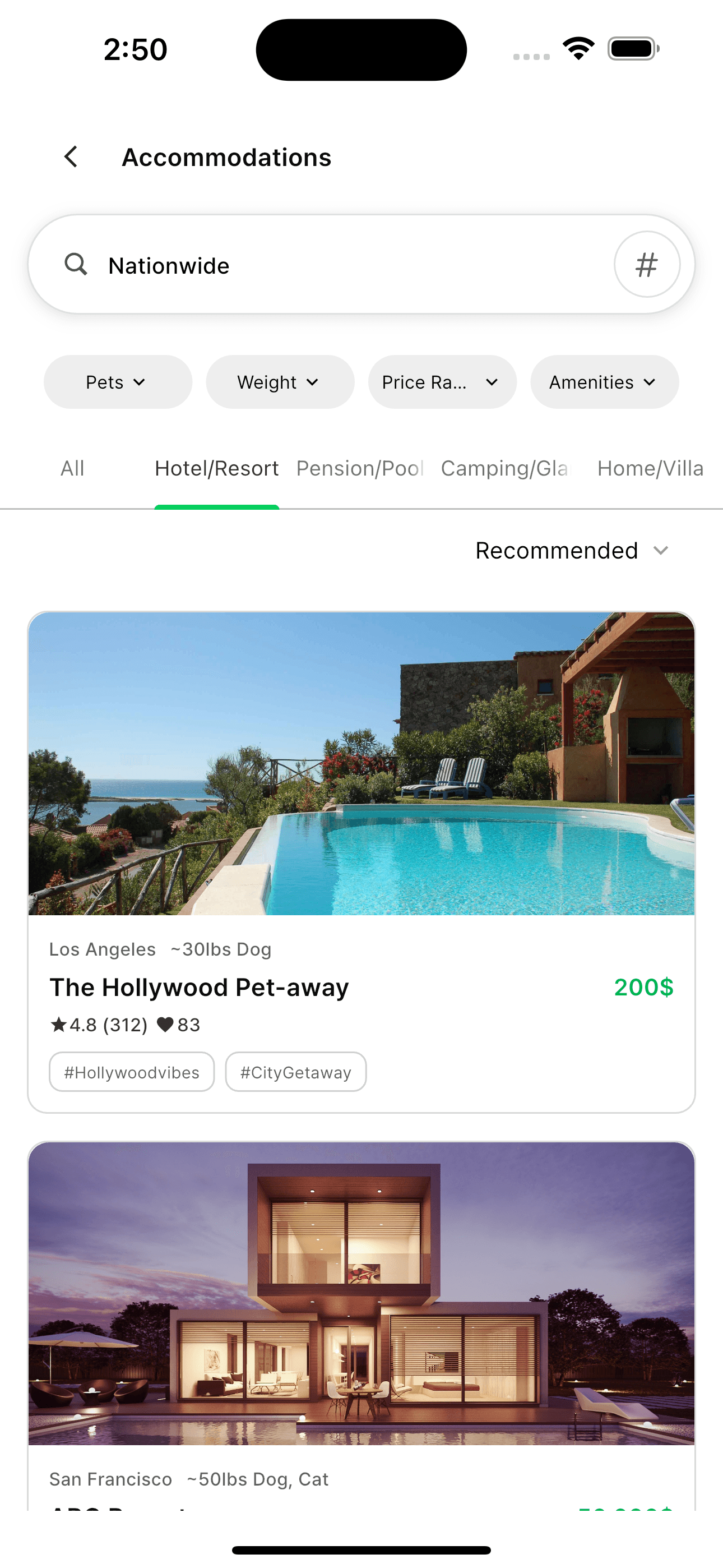petaround accommodations list filtered for pet-friendly stays