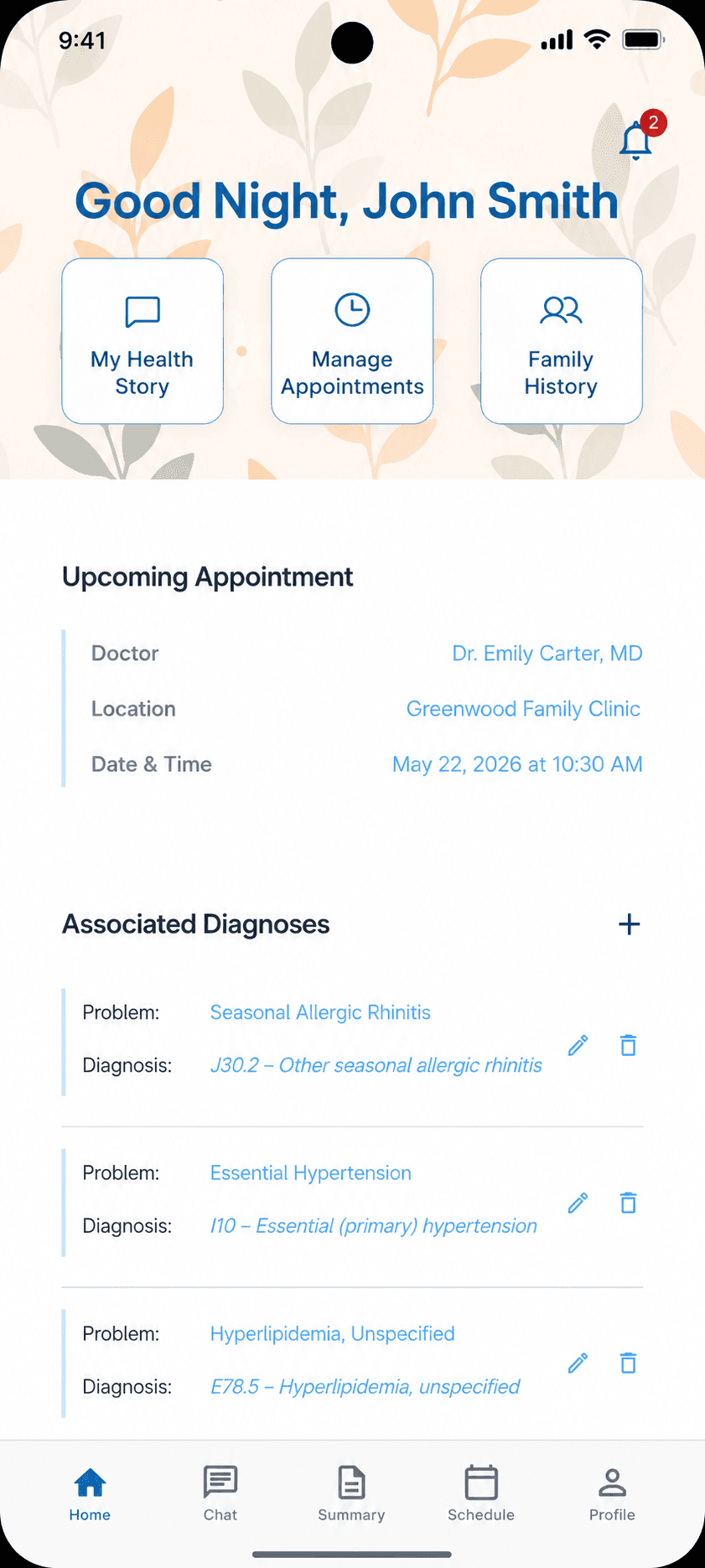 solliva patient home screen with upcoming appointment and diagnoses