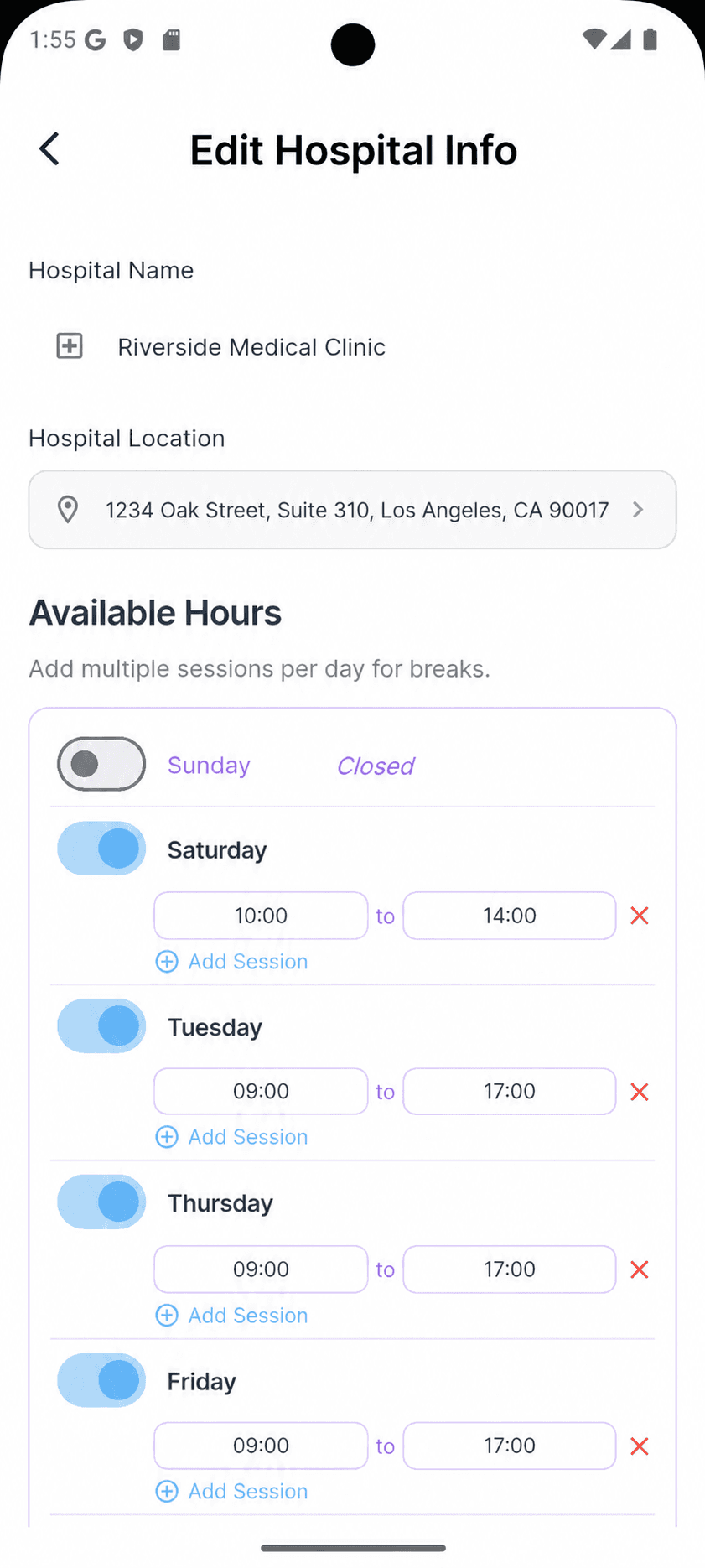 solliva provider edit hospital info with available hours